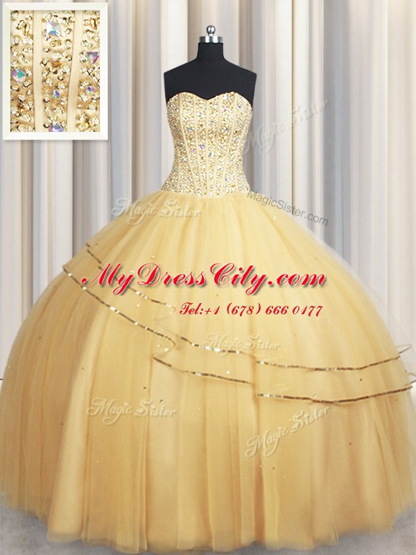 Visible Boning Big Puffy Sweetheart Sleeveless Lace Up Quinceanera Gowns Champagne Organza