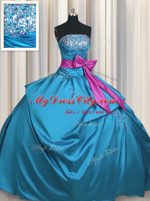 Customized Strapless Sleeveless Taffeta Quinceanera Gowns Beading and Ruching and Bowknot Lace Up