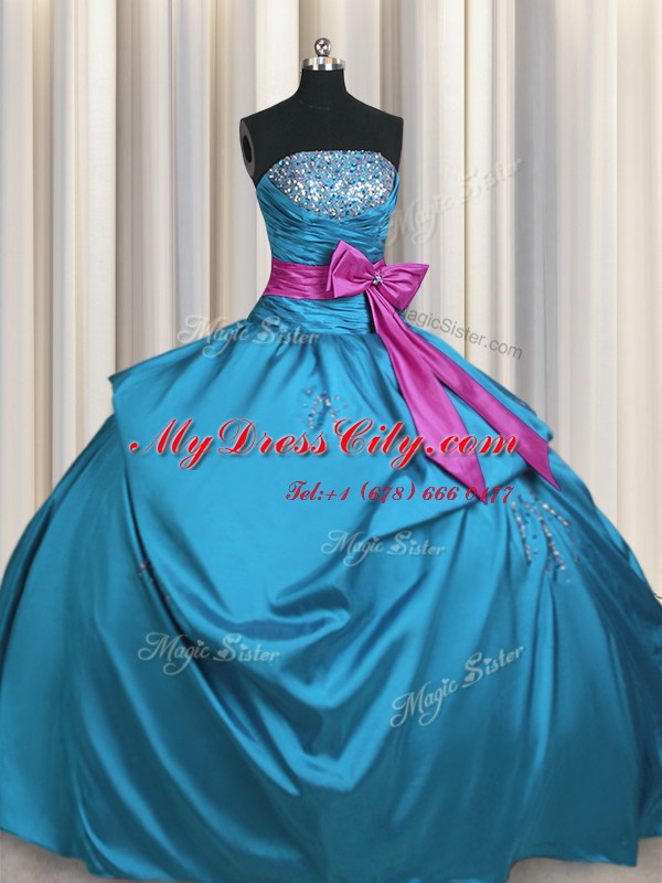 Customized Strapless Sleeveless Taffeta Quinceanera Gowns Beading and Ruching and Bowknot Lace Up