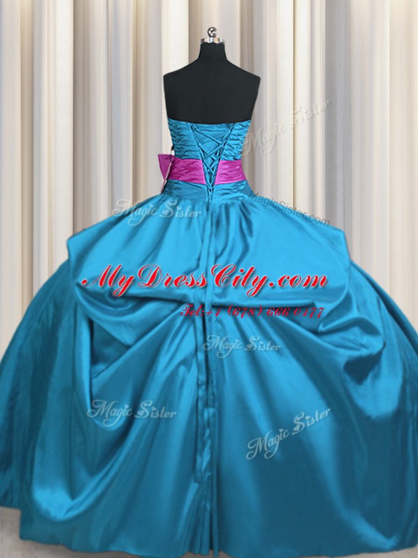 Customized Strapless Sleeveless Taffeta Quinceanera Gowns Beading and Ruching and Bowknot Lace Up