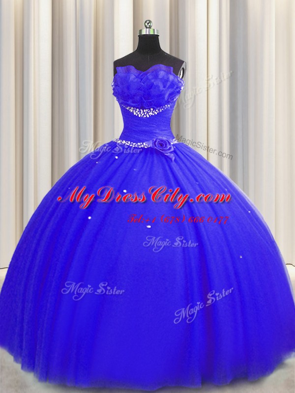 Handcrafted Flower Royal Blue Ball Gowns Tulle Strapless Sleeveless Beading and Ruching and Hand Made Flower Floor Length Lace Up Vestidos de Quinceanera