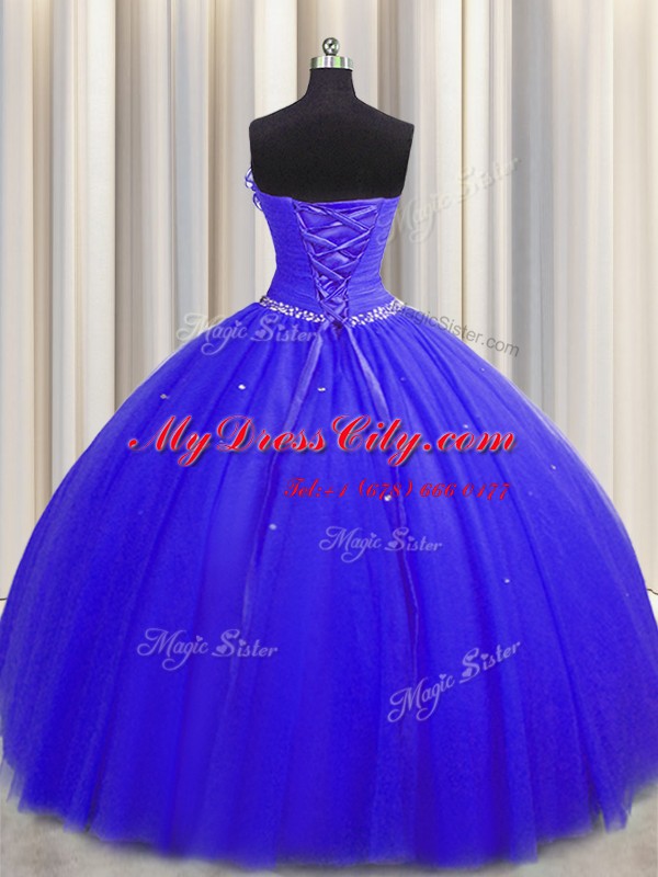 Handcrafted Flower Royal Blue Ball Gowns Tulle Strapless Sleeveless Beading and Ruching and Hand Made Flower Floor Length Lace Up Vestidos de Quinceanera