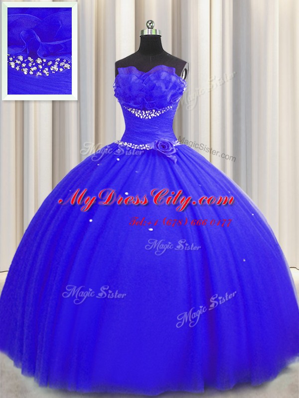 Handcrafted Flower Royal Blue Ball Gowns Tulle Strapless Sleeveless Beading and Ruching and Hand Made Flower Floor Length Lace Up Vestidos de Quinceanera