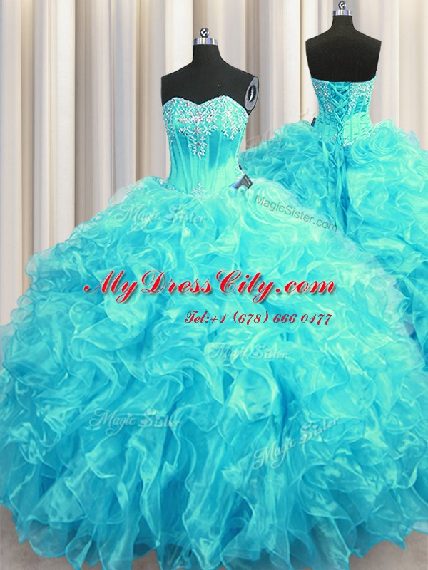 Comfortable Aqua Blue Organza Lace Up Sweetheart Sleeveless 15th Birthday Dress Brush Train Beading and Ruffles