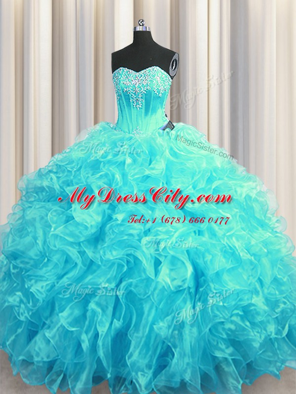 Comfortable Aqua Blue Organza Lace Up Sweetheart Sleeveless 15th Birthday Dress Brush Train Beading and Ruffles