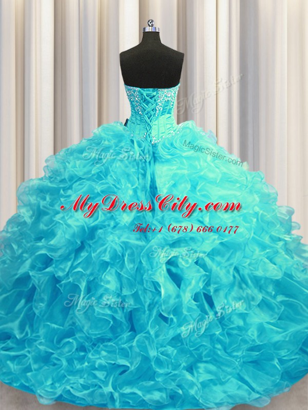 Comfortable Aqua Blue Organza Lace Up Sweetheart Sleeveless 15th Birthday Dress Brush Train Beading and Ruffles