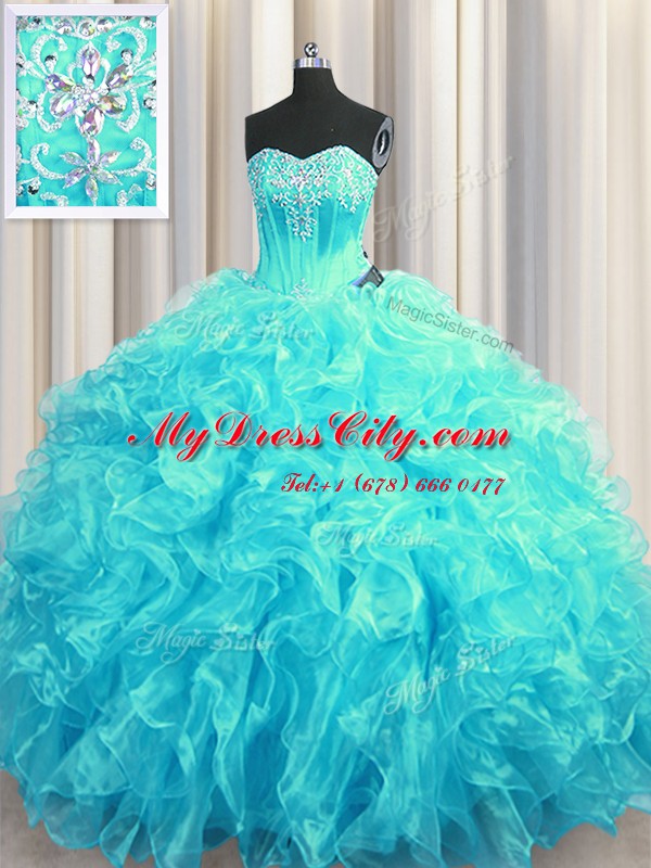 Comfortable Aqua Blue Organza Lace Up Sweetheart Sleeveless 15th Birthday Dress Brush Train Beading and Ruffles