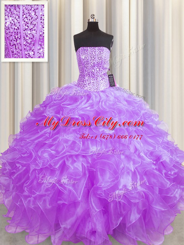 Visible Boning Lilac Ball Gowns Organza Strapless Sleeveless Beading and Ruffles Floor Length Lace Up 15th Birthday Dress