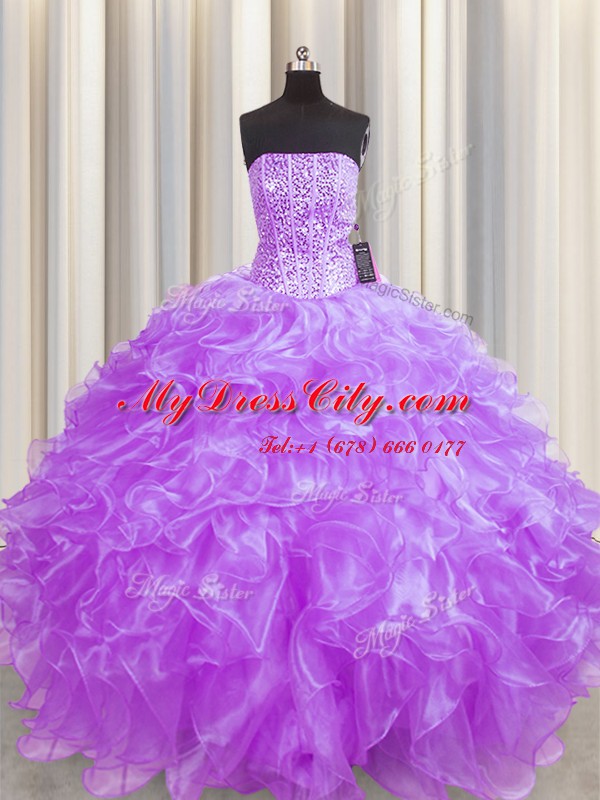 Visible Boning Lilac Ball Gowns Organza Strapless Sleeveless Beading and Ruffles Floor Length Lace Up 15th Birthday Dress