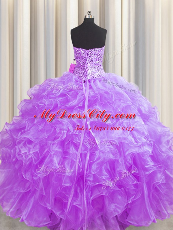 Visible Boning Lilac Ball Gowns Organza Strapless Sleeveless Beading and Ruffles Floor Length Lace Up 15th Birthday Dress