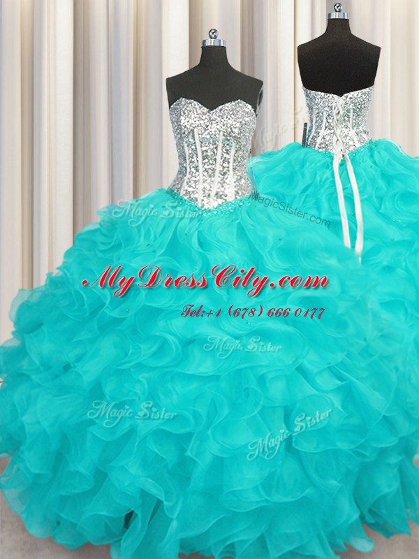 Aqua Blue Sleeveless Beading and Ruffles Floor Length Sweet 16 Quinceanera Dress