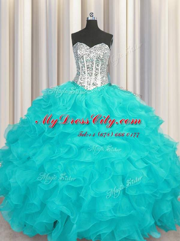 Aqua Blue Sleeveless Beading and Ruffles Floor Length Sweet 16 Quinceanera Dress