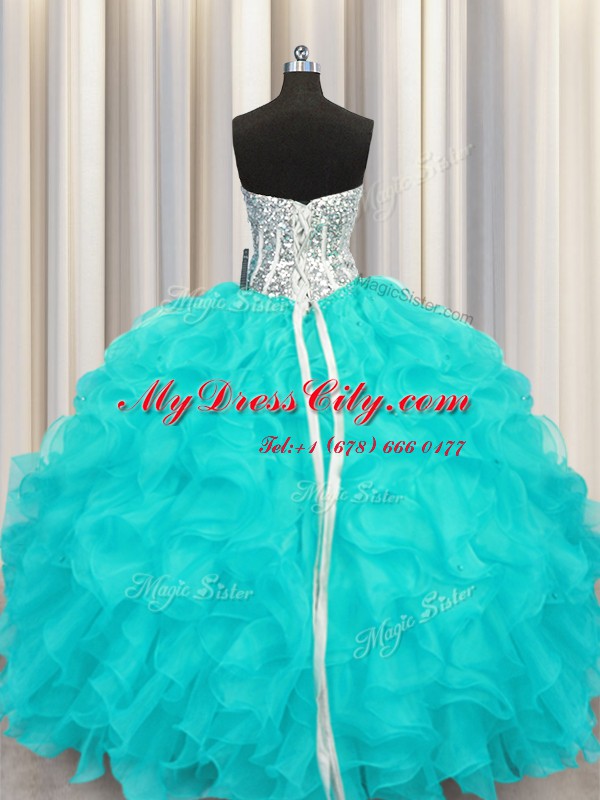 Aqua Blue Sleeveless Beading and Ruffles Floor Length Sweet 16 Quinceanera Dress