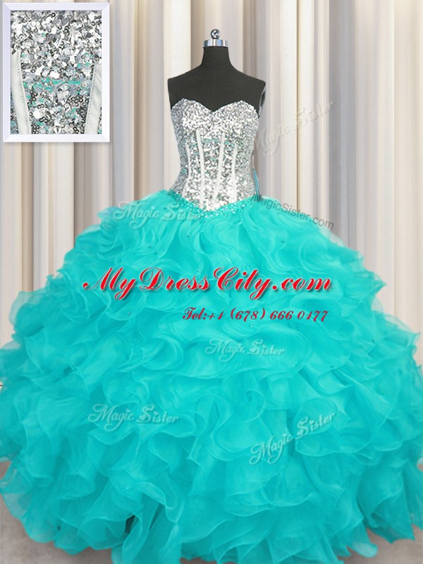 Aqua Blue Sleeveless Beading and Ruffles Floor Length Sweet 16 Quinceanera Dress