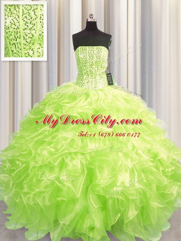 Fine Visible Boning Yellow Green Organza Lace Up Ball Gown Prom Dress Sleeveless Floor Length Beading and Ruffles