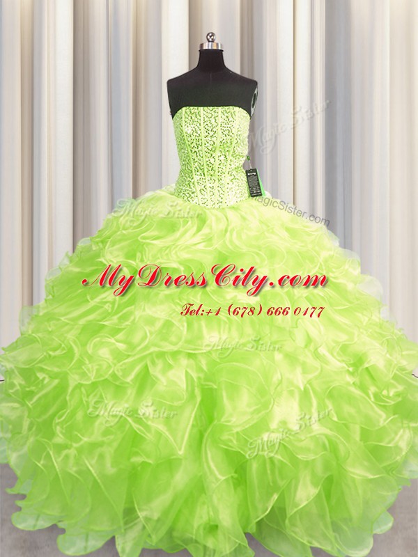 Fine Visible Boning Yellow Green Organza Lace Up Ball Gown Prom Dress Sleeveless Floor Length Beading and Ruffles