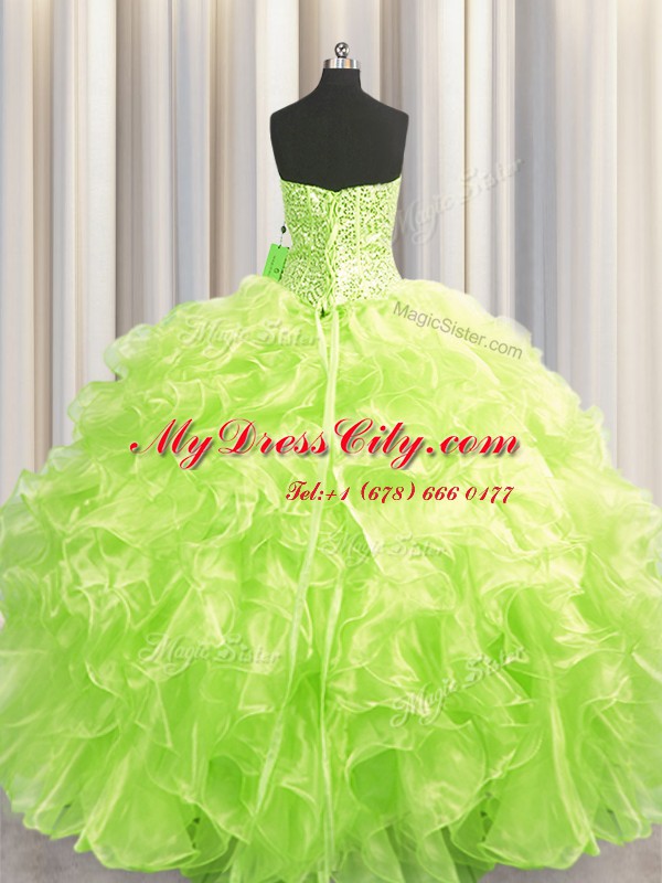 Fine Visible Boning Yellow Green Organza Lace Up Ball Gown Prom Dress Sleeveless Floor Length Beading and Ruffles