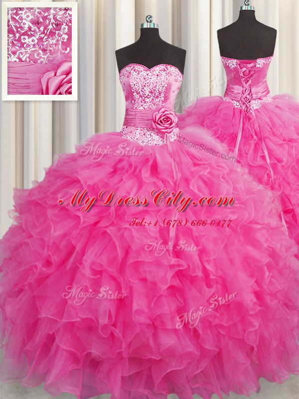 Attractive Handcrafted Flower Floor Length Ball Gowns Sleeveless Hot Pink 15th Birthday Dress Lace Up