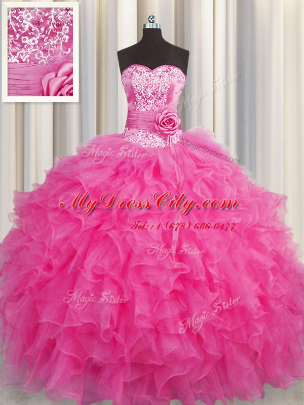 Attractive Handcrafted Flower Floor Length Ball Gowns Sleeveless Hot Pink 15th Birthday Dress Lace Up