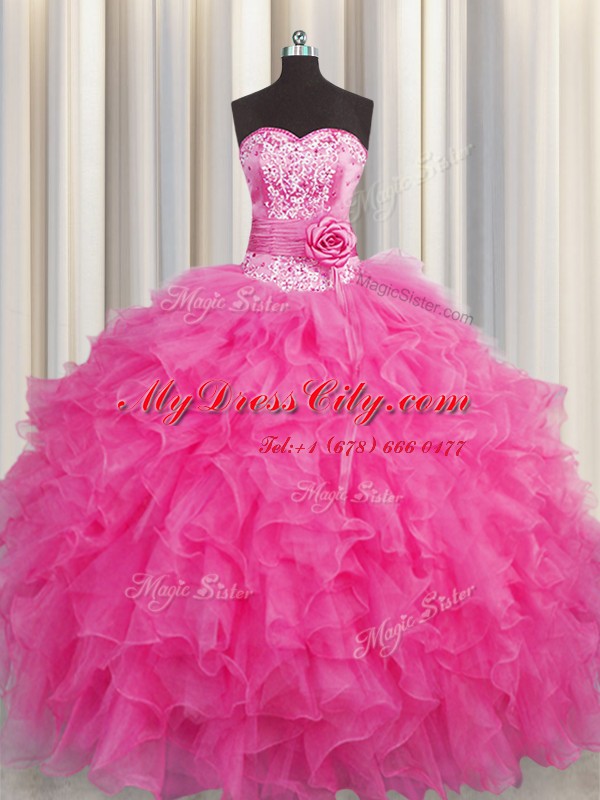 Attractive Handcrafted Flower Floor Length Ball Gowns Sleeveless Hot Pink 15th Birthday Dress Lace Up