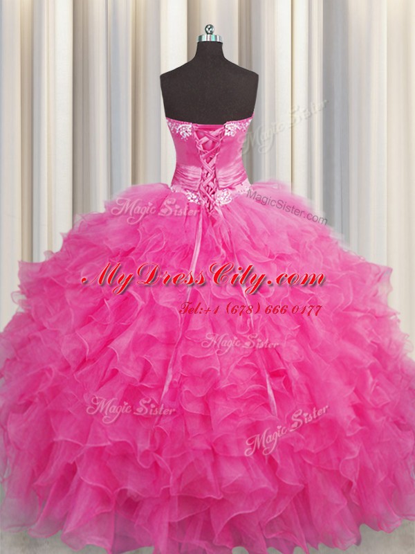 Attractive Handcrafted Flower Floor Length Ball Gowns Sleeveless Hot Pink 15th Birthday Dress Lace Up