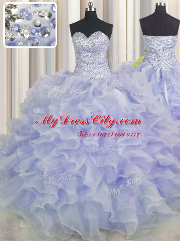 Purple Sleeveless Floor Length Beading and Ruffles Lace Up Quinceanera Gown