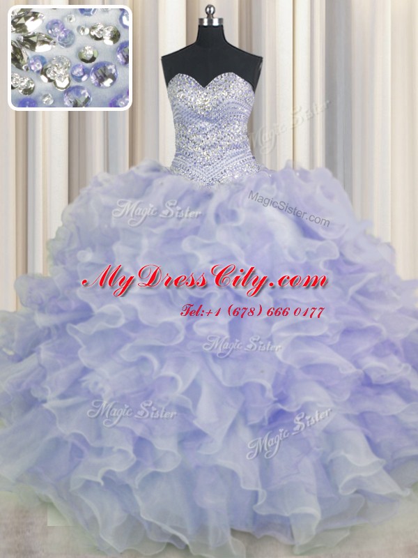 Purple Sleeveless Floor Length Beading and Ruffles Lace Up Quinceanera Gown