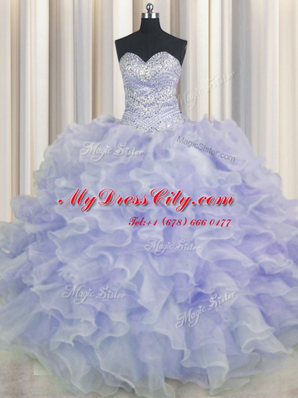 Purple Sleeveless Floor Length Beading and Ruffles Lace Up Quinceanera Gown