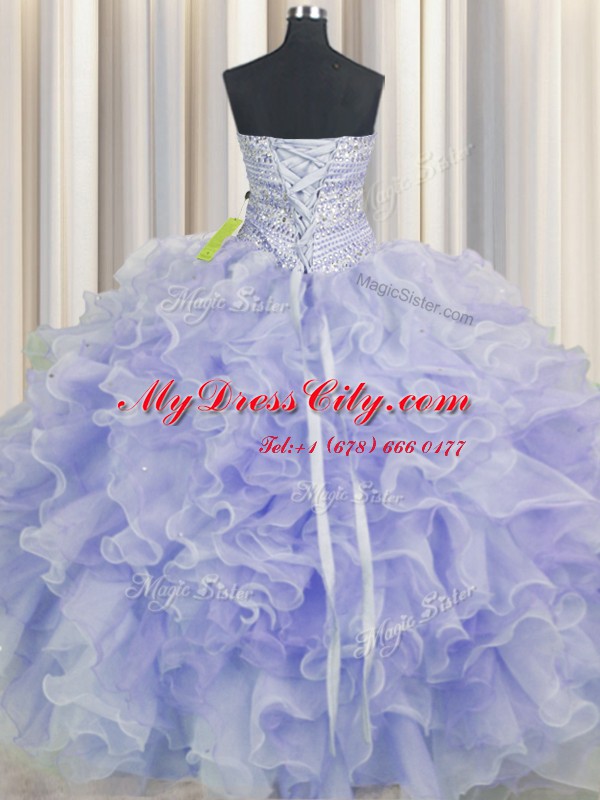 Purple Sleeveless Floor Length Beading and Ruffles Lace Up Quinceanera Gown