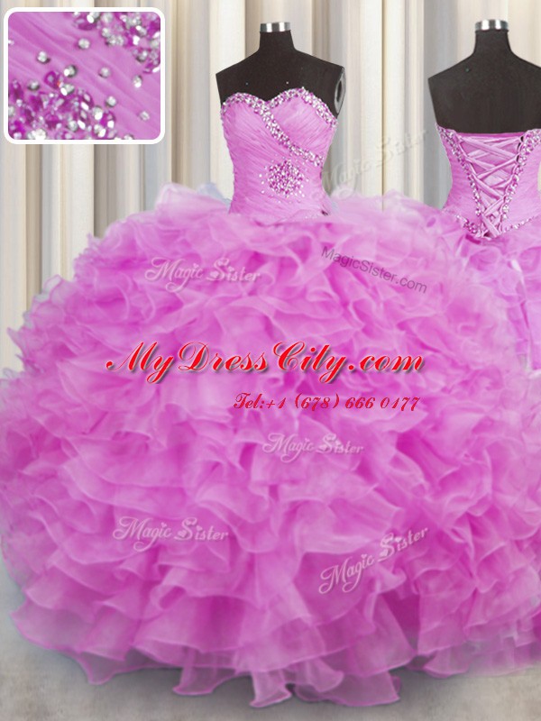 Organza Sleeveless Floor Length Ball Gown Prom Dress and Beading and Ruffles