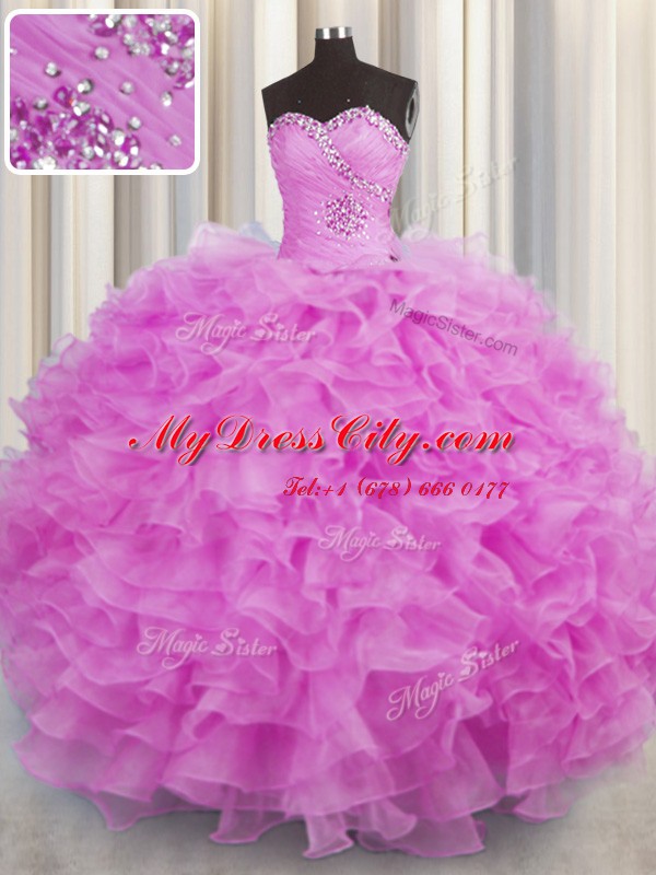 Organza Sleeveless Floor Length Ball Gown Prom Dress and Beading and Ruffles