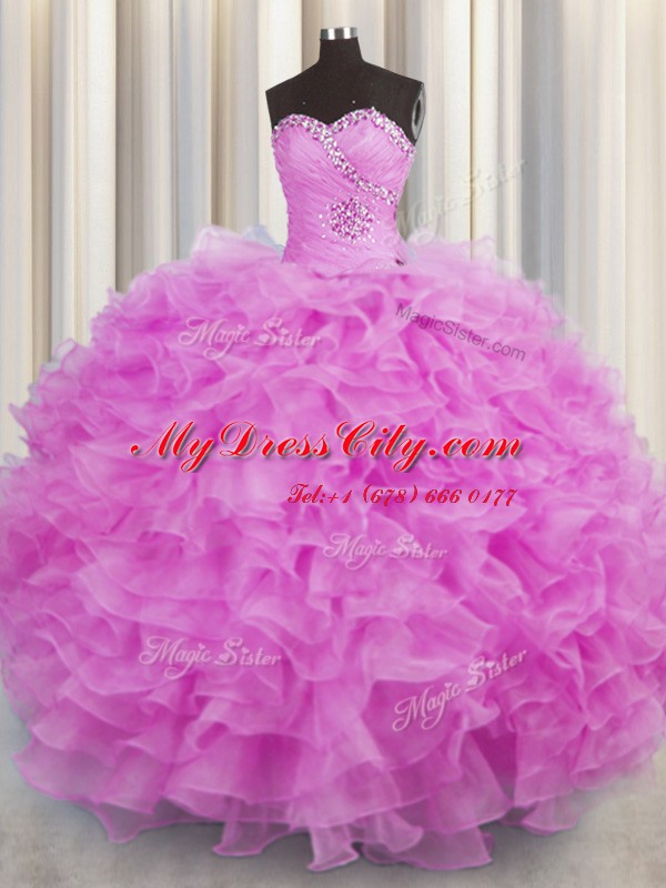 Organza Sleeveless Floor Length Ball Gown Prom Dress and Beading and Ruffles