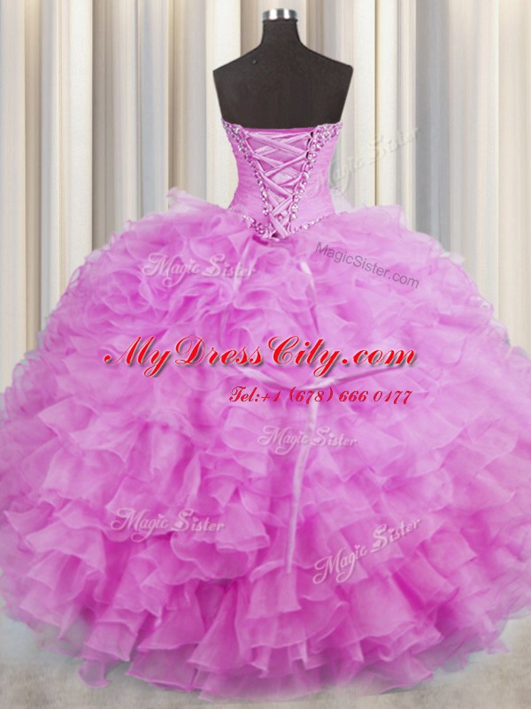 Organza Sleeveless Floor Length Ball Gown Prom Dress and Beading and Ruffles