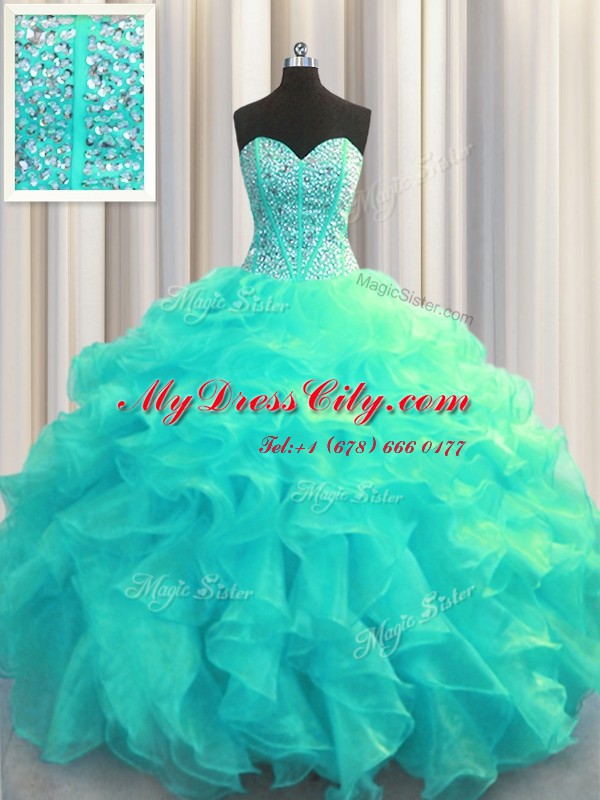 Visible Boning Aqua Blue Lace Up Sweetheart Beading and Ruffles Quinceanera Dress Organza Sleeveless