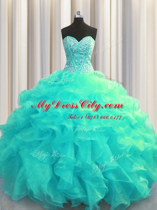 Visible Boning Aqua Blue Lace Up Sweetheart Beading and Ruffles Quinceanera Dress Organza Sleeveless