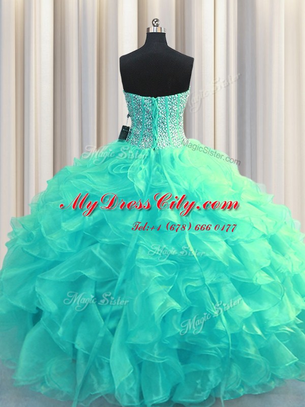 Visible Boning Aqua Blue Lace Up Sweetheart Beading and Ruffles Quinceanera Dress Organza Sleeveless