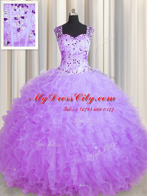 See Through Zipper Up Floor Length Purple Sweet 16 Quinceanera Dress Tulle Sleeveless Beading and Ruffles