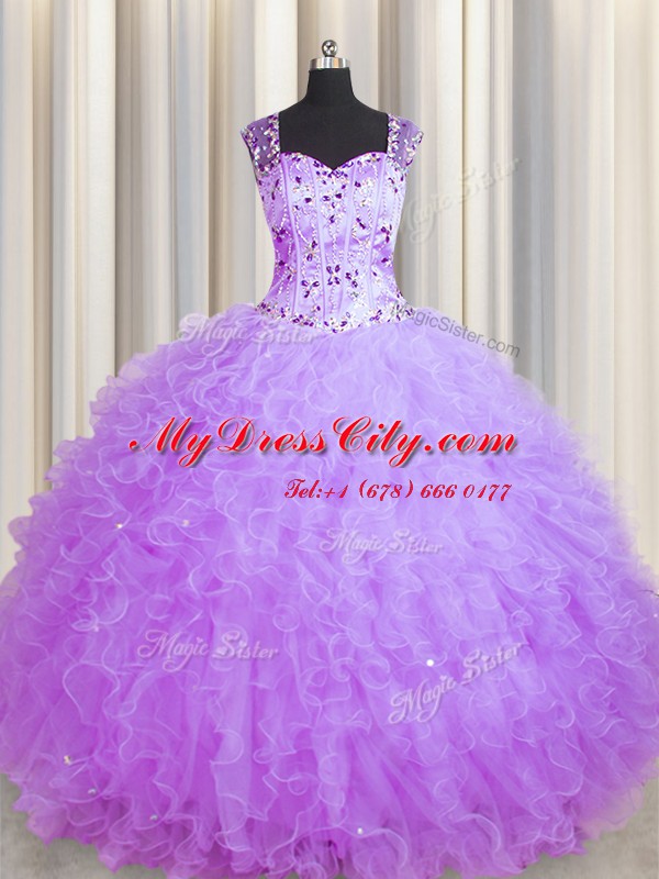 See Through Zipper Up Floor Length Purple Sweet 16 Quinceanera Dress Tulle Sleeveless Beading and Ruffles