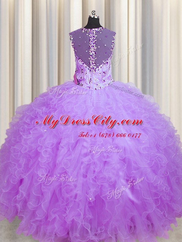 See Through Zipper Up Floor Length Purple Sweet 16 Quinceanera Dress Tulle Sleeveless Beading and Ruffles