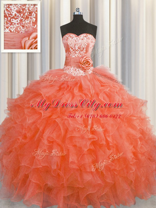 Handcrafted Flower Sweetheart Sleeveless Sweet 16 Quinceanera Dress Floor Length Beading and Ruffles and Hand Made Flower Red Organza