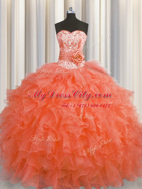 Handcrafted Flower Sweetheart Sleeveless Sweet 16 Quinceanera Dress Floor Length Beading and Ruffles and Hand Made Flower Red Organza