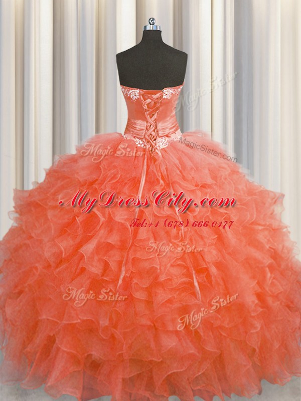 Handcrafted Flower Sweetheart Sleeveless Sweet 16 Quinceanera Dress Floor Length Beading and Ruffles and Hand Made Flower Red Organza