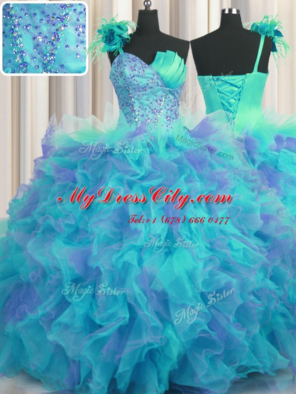 High Class Handcrafted Flower One Shoulder Sleeveless Tulle Quinceanera Dress Beading and Ruffles and Hand Made Flower Lace Up