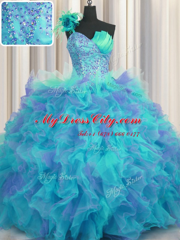 High Class Handcrafted Flower One Shoulder Sleeveless Tulle Quinceanera Dress Beading and Ruffles and Hand Made Flower Lace Up