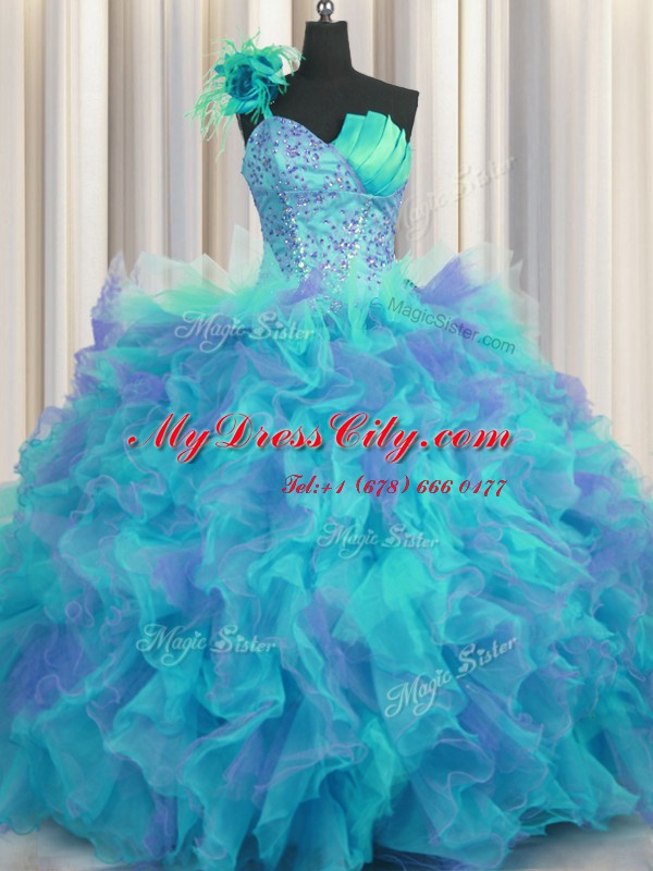 High Class Handcrafted Flower One Shoulder Sleeveless Tulle Quinceanera Dress Beading and Ruffles and Hand Made Flower Lace Up