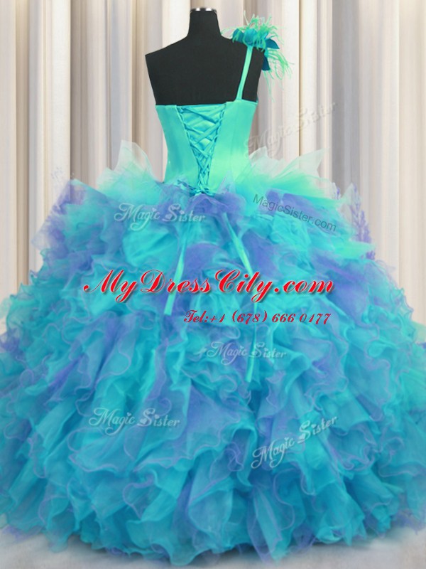 High Class Handcrafted Flower One Shoulder Sleeveless Tulle Quinceanera Dress Beading and Ruffles and Hand Made Flower Lace Up