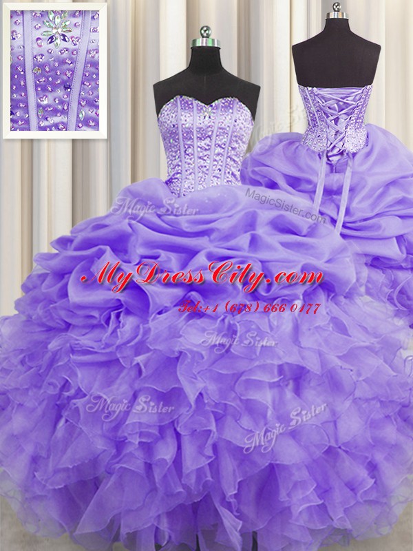 Latest Visible Boning Sweetheart Sleeveless Organza Vestidos de Quinceanera Beading and Ruffles and Pick Ups Lace Up