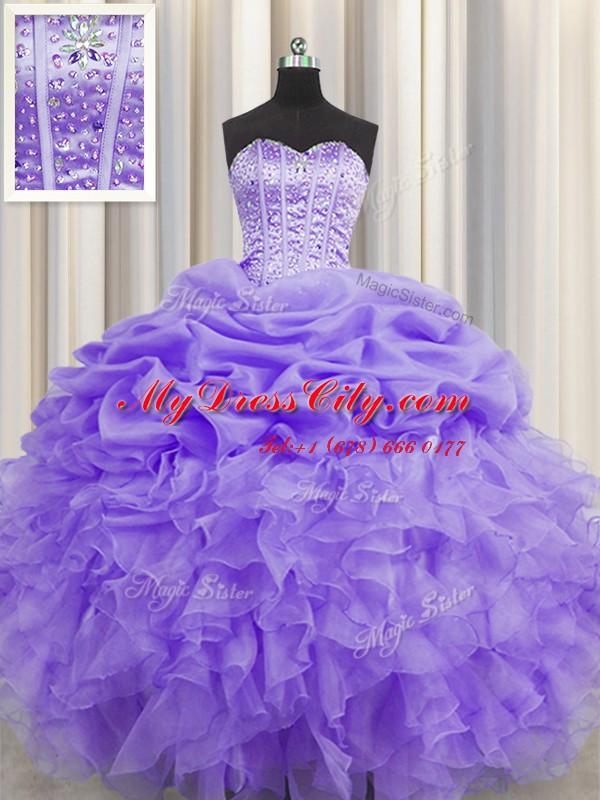 Latest Visible Boning Sweetheart Sleeveless Organza Vestidos de Quinceanera Beading and Ruffles and Pick Ups Lace Up