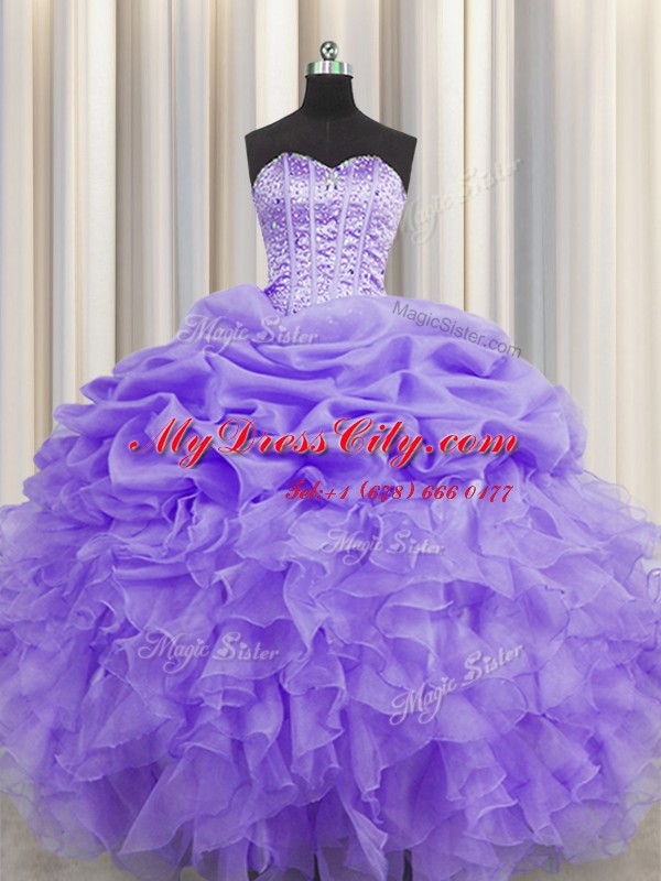 Latest Visible Boning Sweetheart Sleeveless Organza Vestidos de Quinceanera Beading and Ruffles and Pick Ups Lace Up