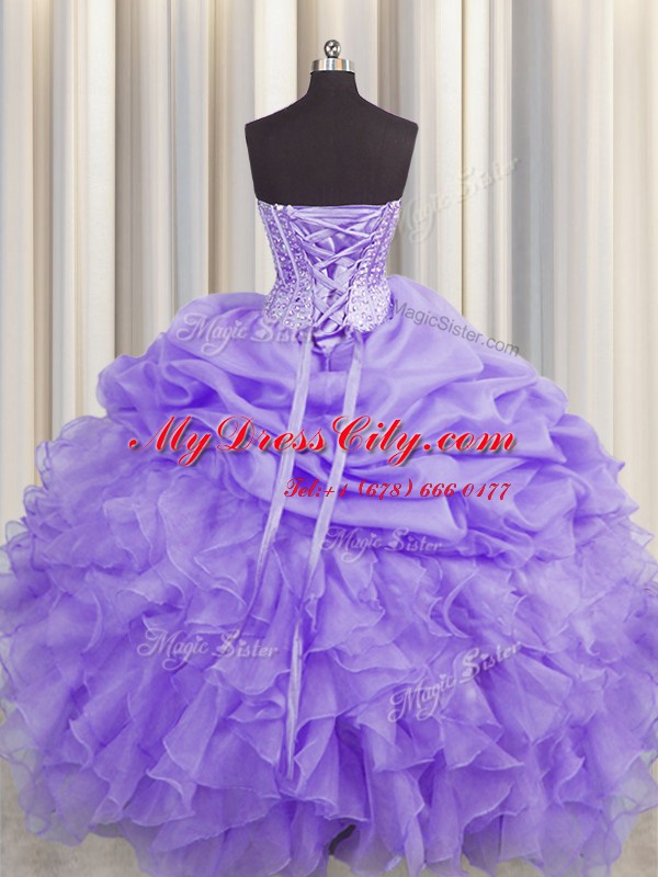 Latest Visible Boning Sweetheart Sleeveless Organza Vestidos de Quinceanera Beading and Ruffles and Pick Ups Lace Up